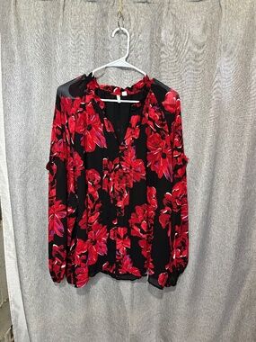 Cato Woman Red Black Floral Chiffon Blouse Plus Size 26/28 3X 4X